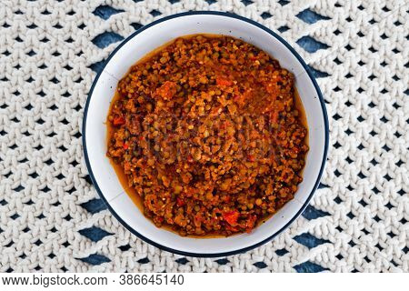 Healthy Plant-based Food Recipes Concept, Vegan Bolognaise Ragu Sauce With Lentils Diced Tomatoes An