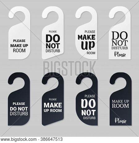 Door Hangers For Hotel Room. Set Of White And Black Label Hanger With Text For Hotel Or Resort. Temp