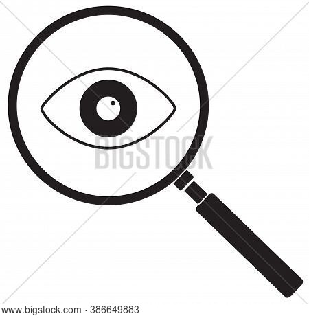 Magnifier With Eye Icon On Write Background. Flat Style. Magnifying Glass And Eye Sign. Search Glass