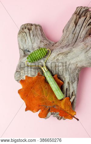 Modern Luxury Stylish Beauty Concept - Facial Massage Kit And Wooden Root On Pink Paper Background. 