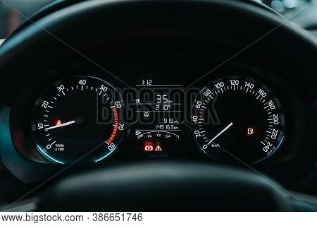 Novosibirsk, Russia - September 19, 2020: Scoda Rapid, Round Speedometer, Odometer With A Range Of 1