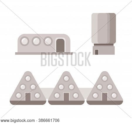 Mars Settlement. Colonist Houses Flat Icons. Vector Illustration Isolated On White Background.
