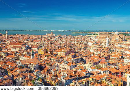 Aerial Panoramic View Of Venice City Old Historical Centre, Buildings With Red Tiled Roofs, Basilica