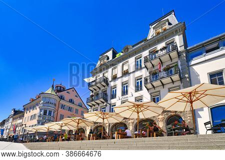 Konstanz, Germany - July 2020: Town Square Called 'marktstätte' In Old Historic City Center Of Const
