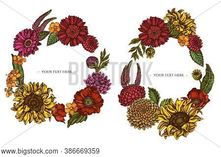 Floral Wreath Of Colored Poppy Flower, Gerbera, Sunflower, Milkweed, Dahlia, Veronica Stock Illustra