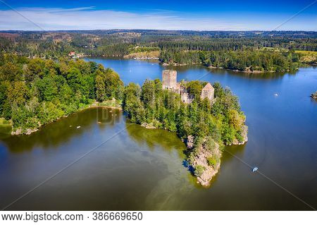 Lichtenfels Ruin In Waldviertel Region. Beautiful Famous Landmark At Lake Ottenstein In Waldviertel,
