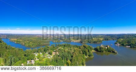 Ottenstein Lake. Panorama View From Above To The Reservoir And The Old Ruin Of Lichtenfels During Su