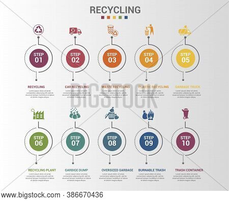 Infographic Recycling Template. Icons In Different Colors. Include Recycling, Trash Container, Burna