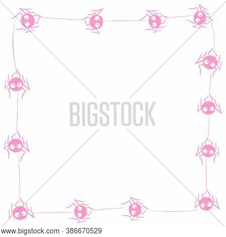 Square Frame Of Cute Little Spiders With Eyes On Web. Halloween Vector Background. Pink And White, I