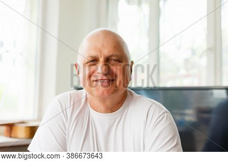 Elderly Man With Headphones And Computer Laughing Happily, Telework, E-business Or Commerce, Custome