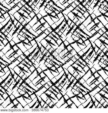 Vector Burlap Effect Seamless Pattern Background. Hessian Fiber Texture Fabric Style Black And White