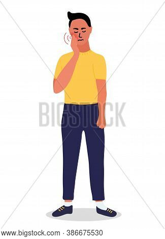 Yuong Man Feels A Strong Toothache. Holding Her Cheek. Bad Tooth, Dental Abscess. Cartoon Vector Ill