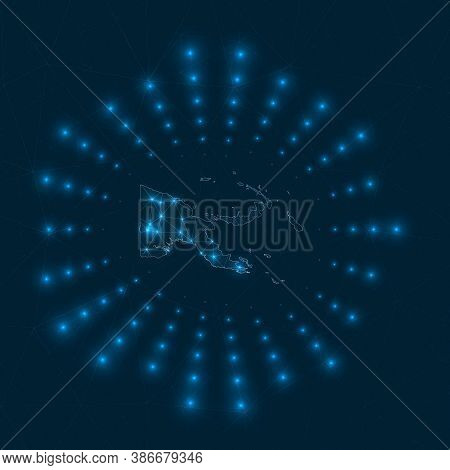 Papua New Guinea Digital Map. Glowing Rays Radiating From The Country. Network Connections And Telec
