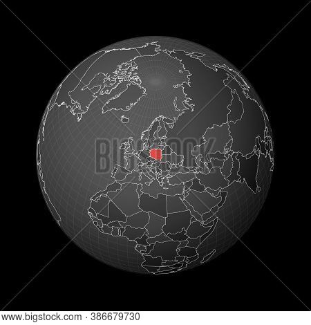 Dark Globe Centered To Poland. Country Highlighted With Red Color On World Map. Satellite World Proj