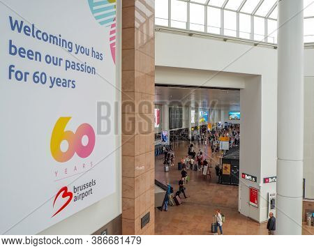 August 2018 - Zaventem, Belgium: Large Banner Celebrating The 60th Anniversary Of Brussels Airport H