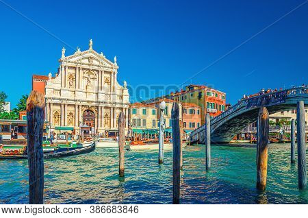 Venice, Italy, September 13, 2019: Cityscape With Yachts And Gondolas Sailing Grand Canal Waterway, 