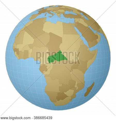 Globe Centered To Car. Country Highlighted With Green Color On World Map. Satellite Projection View.