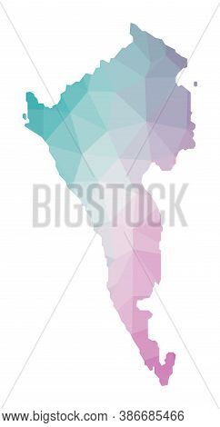 Polygonal Map Of Coron Island. Geometric Illustration Of The Island In Emerald Amethyst Colors. Coro