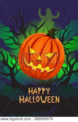 Halloween Pumpkin Greeting Card O Poster, Flyer. Jack O Lantern Head And Green Ghostly Shine. Hand D