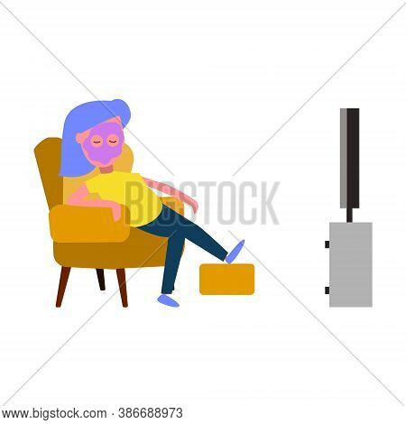 The Girl Is Sitting In A Chair At Home In Front Of The Tv