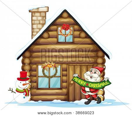illustration of house and santa claus on a white background