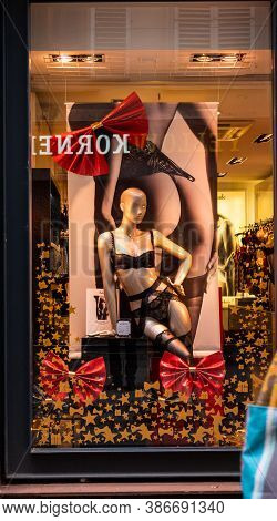 Strasbourg, France - Dec 9, 2017: Street View Of Aubade Showcase Window Featuring Mannequin With Sen