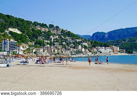 Por Soller, Mallorca, Spain - August 3, 2020: Beautiful View Of Port De Soller, Medierranean Sea.spa