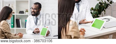 Collage Of Bearded African American Doctor Pointing At Digital Tablet With Blank Screen Near Brunett