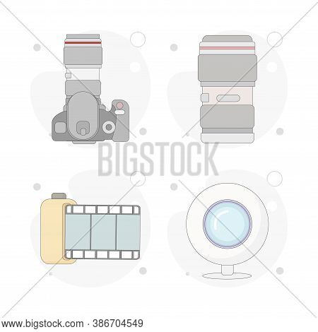 Camera Lens, Camera Film, Photo Tape, Web Camera Vector Flat Illustration On White Background