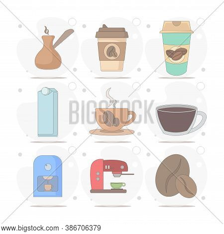 Coffee Vector Flat Illustration On White Background, Cup, Beans. Coffee To Go, Coffee Maker, Turka. 