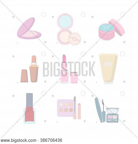 Cosmetics Vector Flat Illustration On White Background Set With Powder, Skin Cream, Nail Polish, Tub