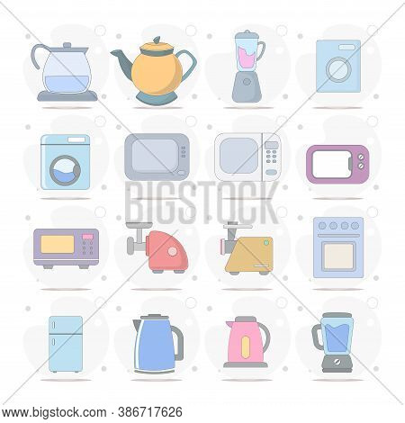 Kitchen Electrical Equipment Set With Tea Kettle, Blender, Fridge, Gas Stove, Microwave Vector Flat 