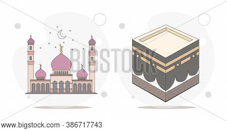 Mosque And Kaaba Vector Flat Illustration On White Background, Islamic Flat Icons