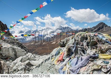 View On The Top Of Cho La Pass Summit (5,420 Metres) In Himalayas. Cho La Pass Due To Stunning Views