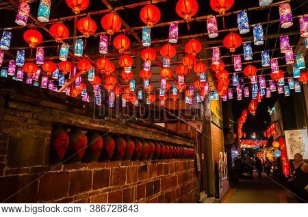 Yunlin, Taiwan - Feb 12th, 2020: lantern festival with lamps hanging at street in Beigang township, Yunlin county, Taiwan, Asia