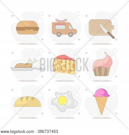 Food Vector Flat Illustration On White Background. Meat, Hamburger, Fried Egg, Cheese, Ice-cream, Fr