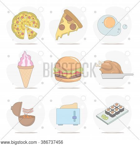 Food Vector Flat Illustration On White Background. Pizza, Hamburger, Fried Egg, Toast, Ice-cream, Su