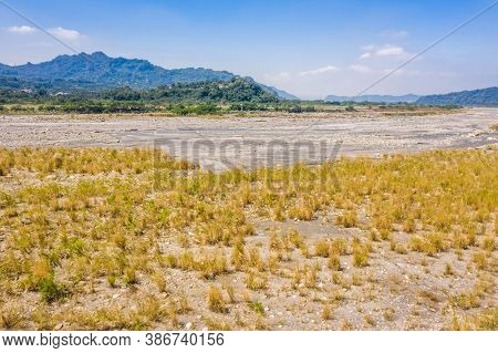 landscape of golden miscanthus with mountain and river under sky