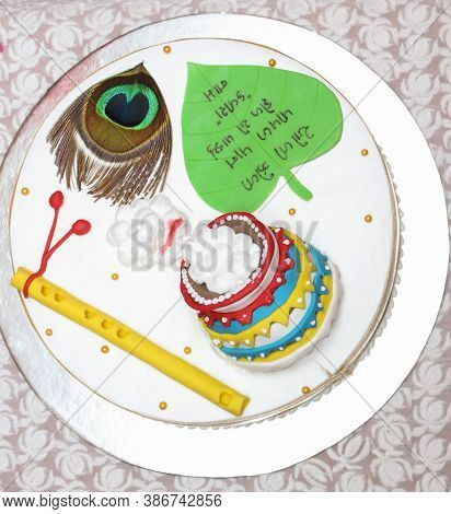 Mumbai, Maharashtra  August 2020 : Delicous Cake With The Krishan Themed Designed.