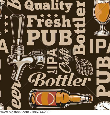 Vintage Brewery Seamless Pattern With Colorful Beer Glass Bottle Tap And Inscriptions Vector Illustr