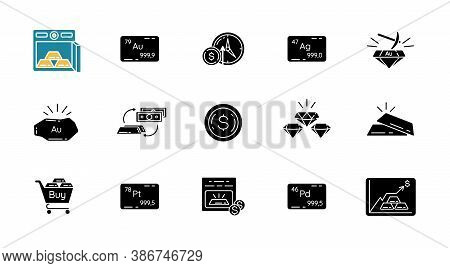 Precious Metals And Investment Black Glyph Icons Set On White Space. Business Investment. Mining Pro