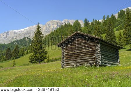 Mountain Landscape At Summer Along The Road To Campolongo Pass, Dolomites, Bolzano Province, Trentin