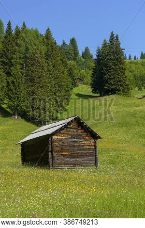 Mountain Landscape At Summer Along The Road To Campolongo Pass, Dolomites, Bolzano Province, Trentin