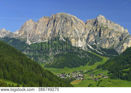 Mountain Landscape At Summer Along The Road To Campolongo Pass, Dolomites, Bolzano Province, Trentin