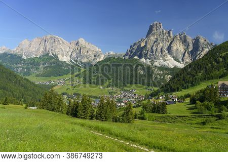 Mountain Landscape At Summer Along The Road To Campolongo Pass, Dolomites, Bolzano Province, Trentin