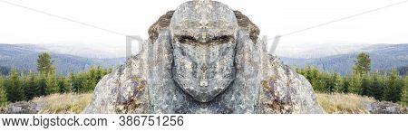 Head And Shoulders Of A Golem On Top Of A Mountain.