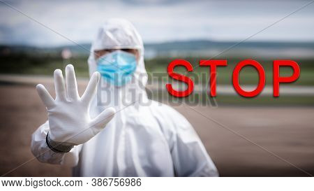 Ban Movement Of Cars On Border Of Cities Due To Pandemic Coronavirus Covid 19 Or Bubonic Plague, Man