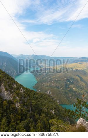 Tara National Park, Serbia. Viewpoint Banjska Stena. View At Drina River Canyon And Lake Perucac