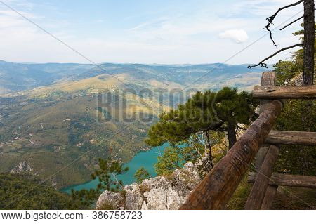 Tara National Park, Serbia. Viewpoint Banjska Stena. View At Drina River Canyon And Lake Perucac