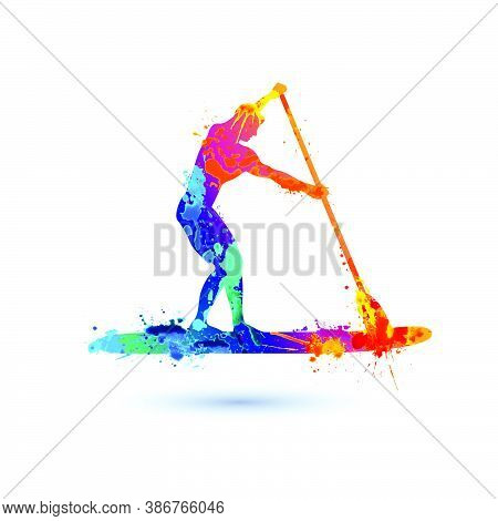 Supboarding Vector Icon. Man On Sup Board Silhouette Of Splash Paint